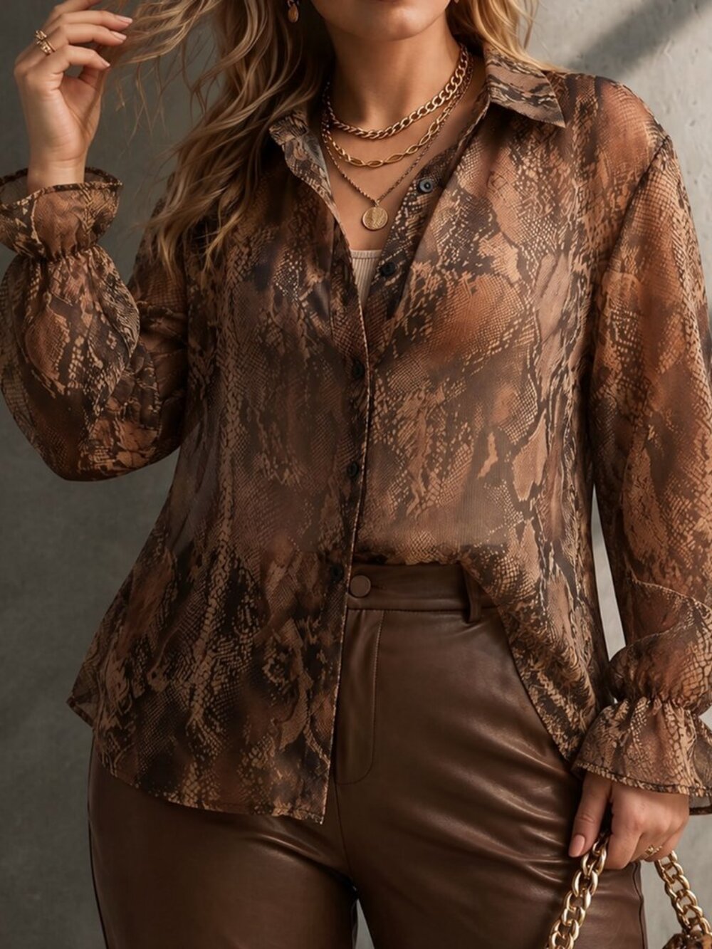 Brown Elegant Women's Plus Size Lightweight Fabric Snake Print Long Sleeve Shirt - Picture 4 of 8